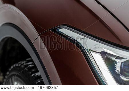 Moscow, Russia - January 22, 2022. Volkswagen Iq.light Led Matrix Headlights. Headlight Lamp Of New 
