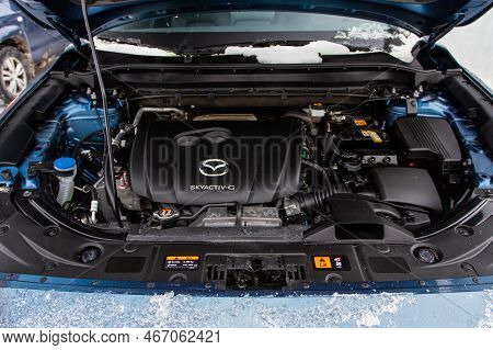 Moscow, Russia - January 22, 2022. Mazda Cx5 (kf) Skyactive Engine. Suv Car With Open Hood. Car Engi