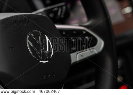 Moscow, Russia - January 22, 2022. Volkswagen Tiguan (ad1) Steering Wheel Close Up View. Volkswagen 