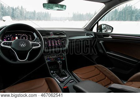 Moscow, Russia - January 22, 2022. Volkswagen Tiguan (ad1) Interior View. Subcompact Luxury Suv Car.