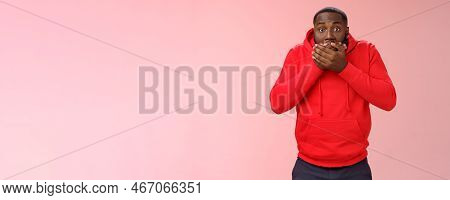 Shocked Gasping Surprised African-american Guy Overhear Stunning Rumour Press Palms Mouth Not Slip W