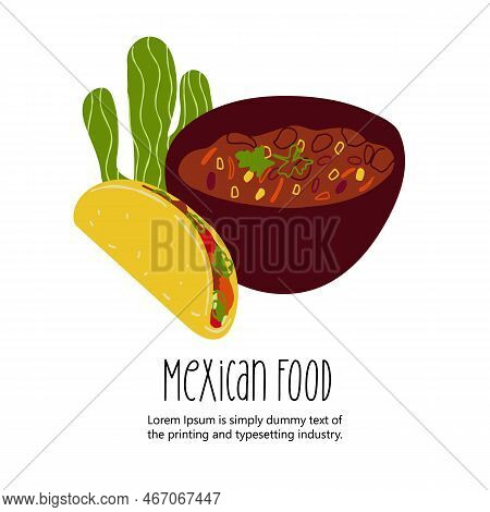 Mexican Food Illustration Tacos And Chili Con Carne Isolated On White Background