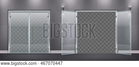Glass Door Entrance Realistic Composition With Closed And Open Door Leaves With Metal Handles And Si