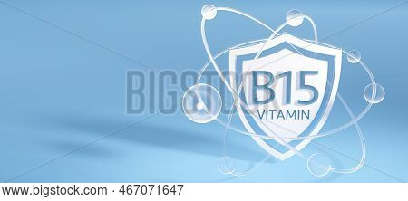 Vitamin B15 Symbol On A Shield, Atoms Orbiting On A Blue Background, 3d Rendering With Copy Space