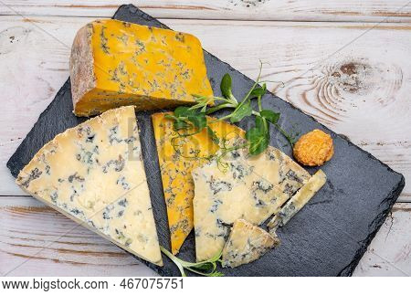 Tasting Of English Cheeses Blue Stilton And Blue Shropshire