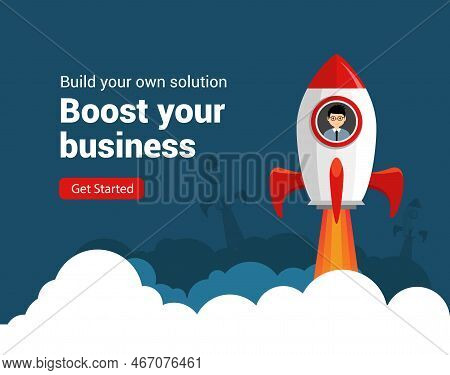 Business Startup Rocket Launch Flat Vector Illustration. Startup Space Design Rocketship Innovation 