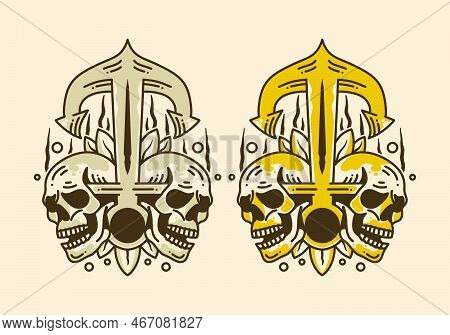 Vintage Art Illustration Design Of Anchor And Two Skulls