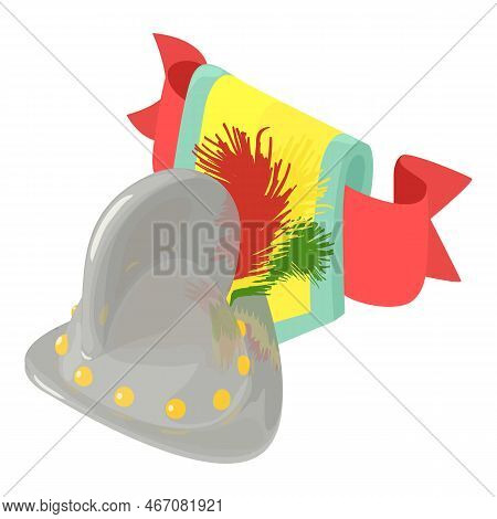 Conquistador Helmet Icon Isometric Vector. Morion Helmet With Feather And Shield. History Concept, C