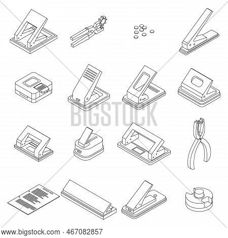 Hole Puncher Icons Set. Isometric Set Of Hole Puncher Vector Icons Outline On White Thin Line Collec