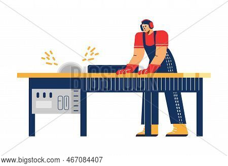 Cutting Logs Process On Sawmill, Flat Vector Illustration Isolated On White.