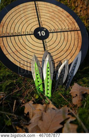 Sport And Hobby.throwing Knives Black And Green Color Set And Wooden Target For Throwing Under Tree 