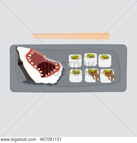 Sushi Plate With Shark. Food With Chopsticks. Dishes Of Asia.