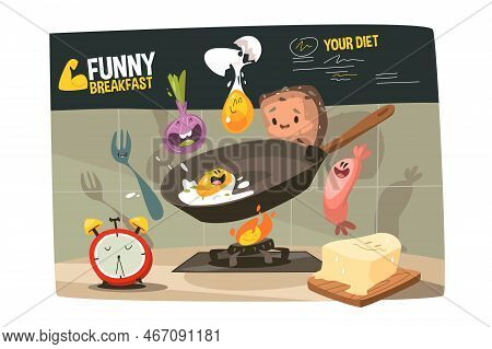 Funny Yummy Breakfast Vector Illustration. Fried Eggs, Onion, Sausages Bread And Butter On Pan Flat 