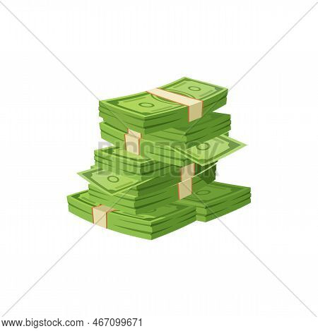 Cartoon Money, Pack Of Paper Bills, Cash, Green Banknotes Heap. Vector Dollars Pile, Deposit, Salary