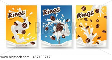 Breakfast Cereal Realistic Poster Set With Rings Isolated. Concept Of Healthy Breakfast. 3d Ring Cer