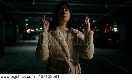 Lady Female Girl Woman With Closed Eyes Wish Cross Fingers Pray For Good Luck Wait Success Wishing P
