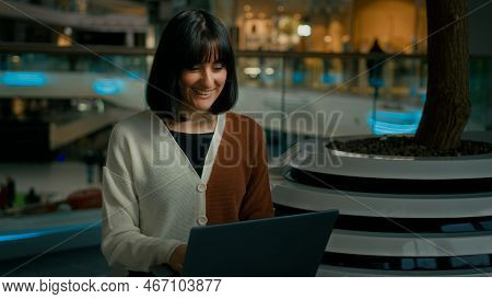 Positive Businesswoman Talking To Webcam Of Laptop Woman Has Friendly Video Call Conference App Answ