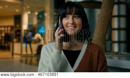 Woman Happy Talking Phone Lady Speaking With Smartphone Smile Female Answer Call Girl Calling Indoor
