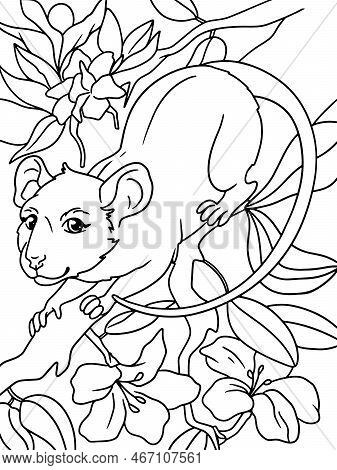 Rat On A Tree Branch, Flowering Tree. Children Coloring Book. Raster.