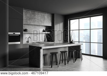 Corner View On Dark Kitchen Room Interior With Grey Wall, Concrete Floor, Panoramic Window With Sing