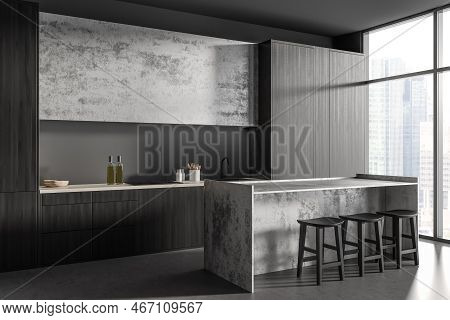 Corner View On Dark Kitchen Room Interior With Grey Wall, Concrete Floor, Panoramic Window With Sing
