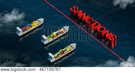 Top View Of Three Cargo Ships With Colorful Containers, Red Restriction Line On Water. Concept Of Em