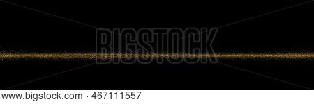 Golden Horizontal Stripe, Plume Crumbs. Gold Abstract Sprinkled Texture, Jewelry Dust In Black Backg