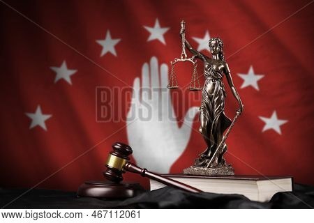 Abkhazia Flag With Statue Of Lady Justice, Constitution And Judge Hammer On Black Drapery. Concept O