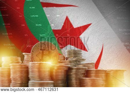 Algeria Flag And Big Amount Of Golden Bitcoin Coins And Trading Platform Chart. Crypto Currency Conc