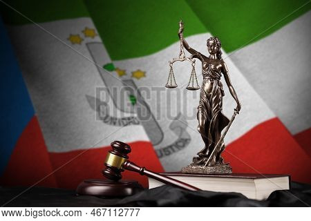 Equatorial Guinea Flag With Statue Of Lady Justice, Constitution And Judge Hammer On Black Drapery. 