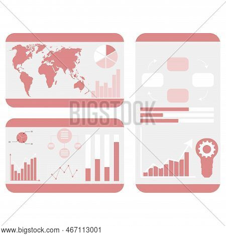 Graphic And Charts With World Map Statistic. Vector Illustration. Business Chart Ststistics, Globe G
