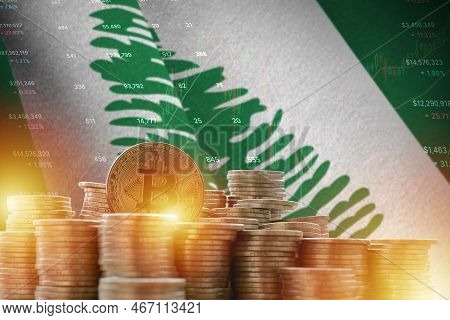Norfolk Island Flag And Big Amount Of Golden Bitcoin Coins And Trading Platform Chart. Crypto Curren
