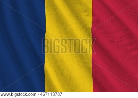 Chad Flag With Big Folds Waving Close Up Under The Studio Light Indoors. The Official Symbols And Co