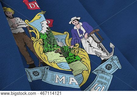Maine Us State Flag With Big Folds Waving Close Up Under The Studio Light Indoors. The Official Symb