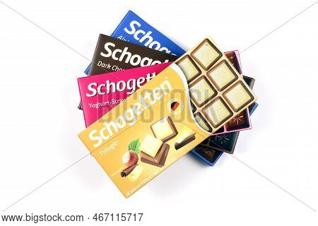 Kharkiv, Ukraine - December 18, 2020: Schogetten Chocolate Packs. Dark Chocolate Produced By Ludwig 