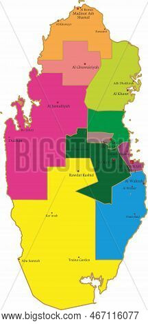 Vector Administrative Color Map Of The State Of Qatar. Territory With Borders Of Regions And Large C