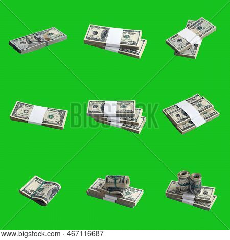 Big Set Of Bundles Of Us Dollar Bills Isolated On Chroma Key Green. Collage With Many Packs Of Ameri