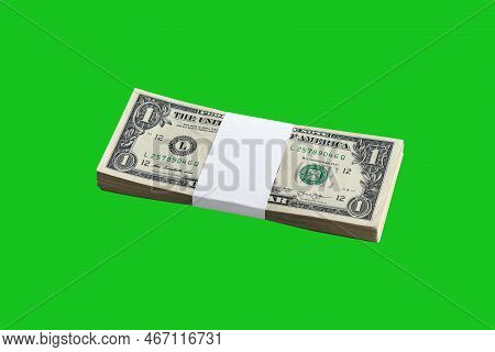Bundle Of Us Dollar Bills Isolated On Chroma Keyer Green. Pack Of American Money With High Resolutio