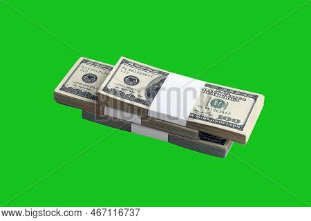 Bundle Of Us Dollar Bills Isolated On Chroma Keyer Green. Pack Of American Money With High Resolutio
