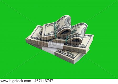 Bundle Of Us Dollar Bills Isolated On Chroma Keyer Green. Pack Of American Money With High Resolutio