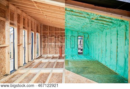 Photo Collage Before And After Thermal Insulation Room In Wooden Frame House In Scandinavian Style B