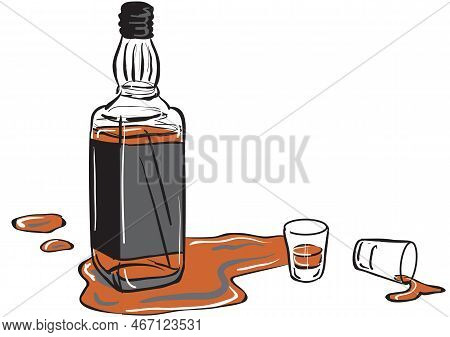 A Whisky Bottle And Two Shot Glasses With Some Whisky Spilled Around Them.