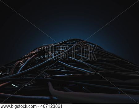 A Jumbled Huge Pile Of Black Electrical Cables Creating A Stage On A Dark Omnious Background - 3d Re