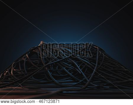 A Jumbled Huge Pile Of Black Electrical Cables Creating A Stage On A Dark Omnious Background - 3d Re