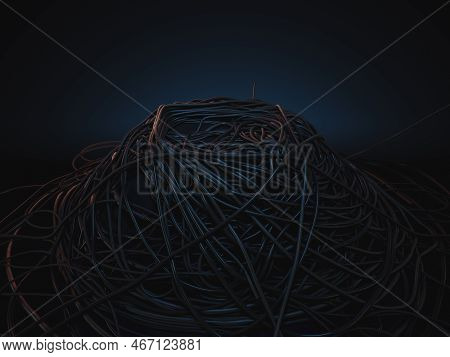 A Jumbled Huge Pile Of Black Electrical Cables Creating A Stage On A Dark Omnious Background - 3d Re
