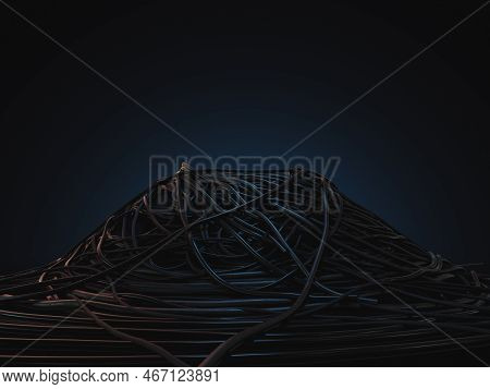 A Jumbled Huge Pile Of Black Electrical Cables Creating A Stage On A Dark Omnious Background - 3d Re