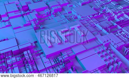 Nft Nonfungible Tokens Concept - Nft Word On Abstract Technology Surface. 3d Rendering