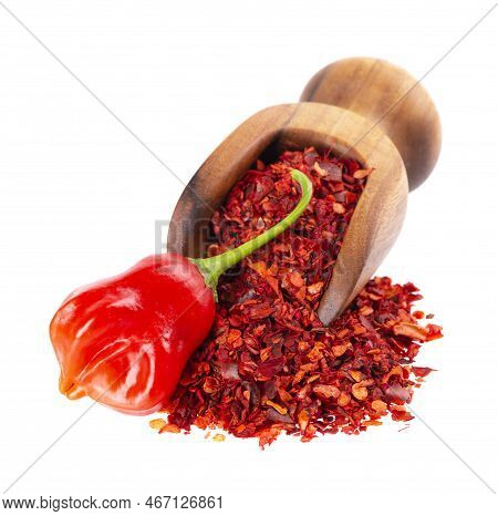 Fresh And Dry Ground Red Chili Peppers Isolated On White Background. Capsicum Baccatum Or Bishop's C