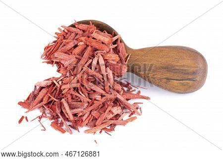 Red Sandalwood Incense Chips In Wooden Spoon, Isolated On White Background. Sanderswood, Rubywood Or