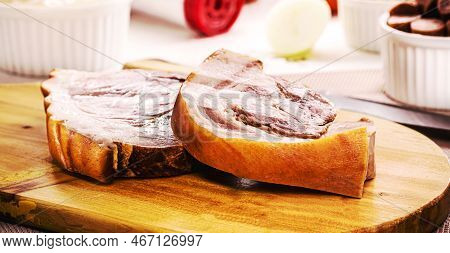 Large Piece Of Raw And Cooked Bacon, Brazilian Pork With Ingredients In The Background